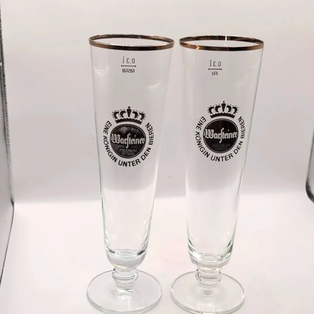 Two Crystal Warsteiner German Footed Beer Glasses with Gold Rim .3L Vintage